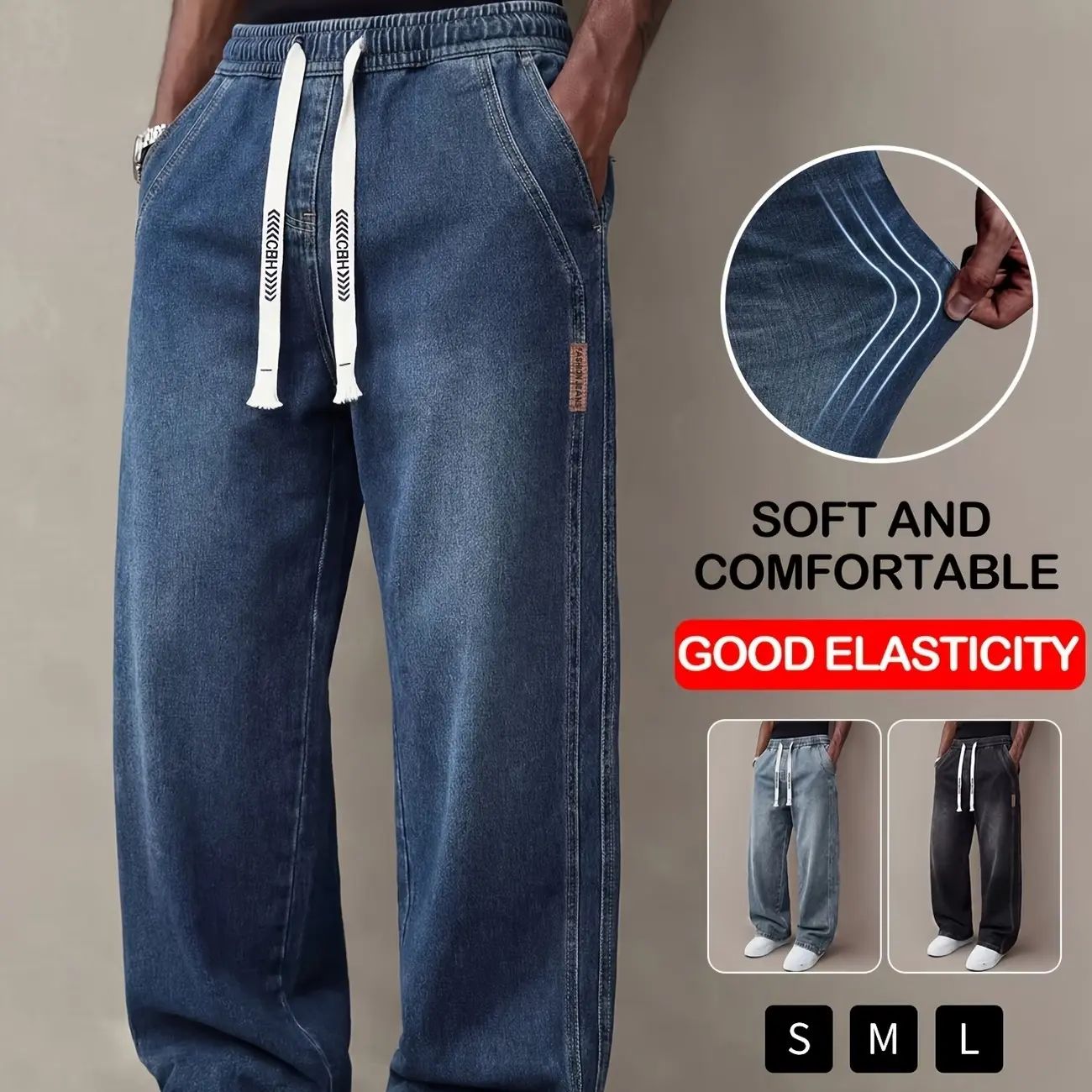 Men's Drawstring Elastic Waist Straight-Leg Jeans