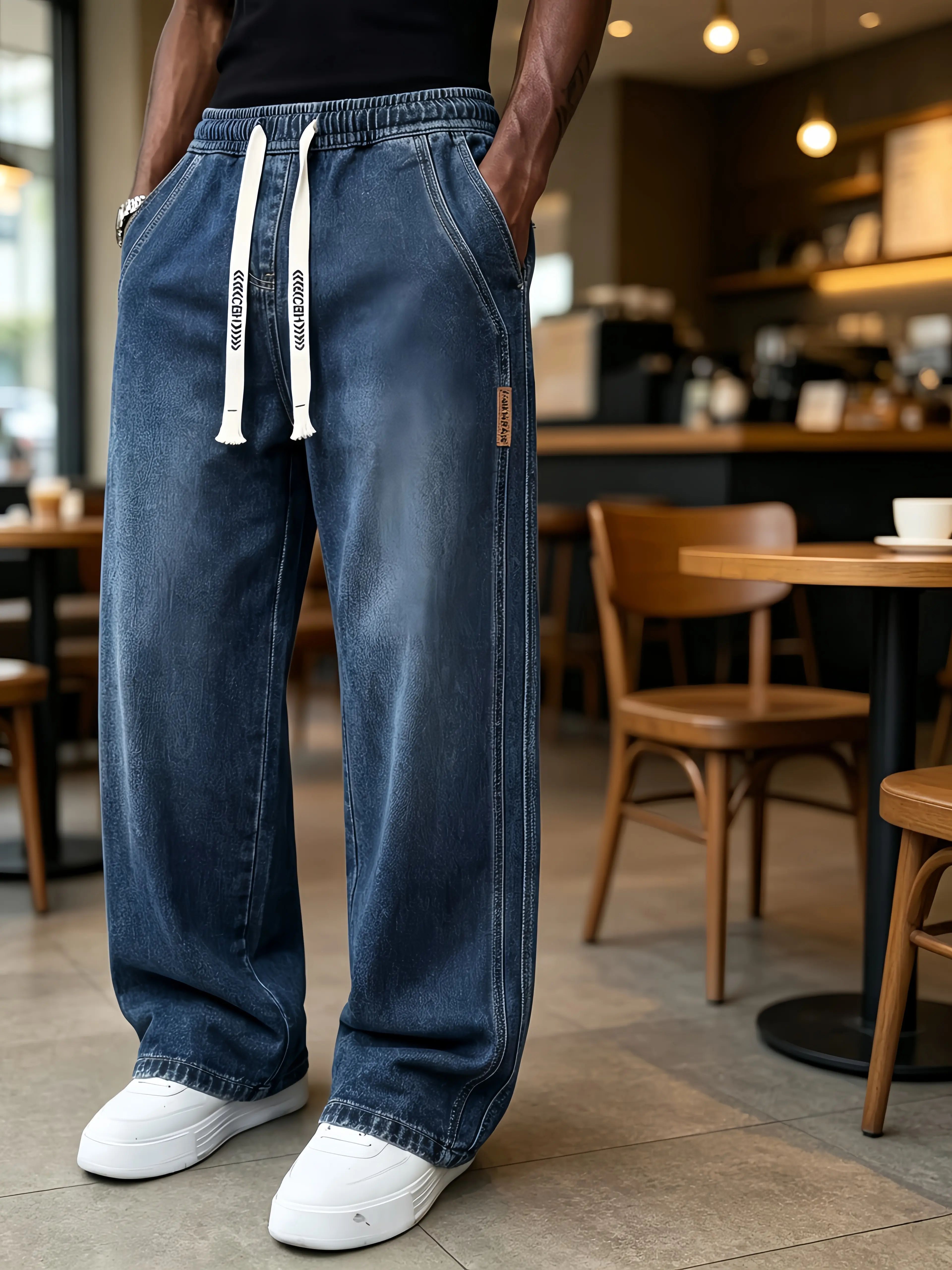Men's Drawstring Elastic Waist Straight-Leg Jeans