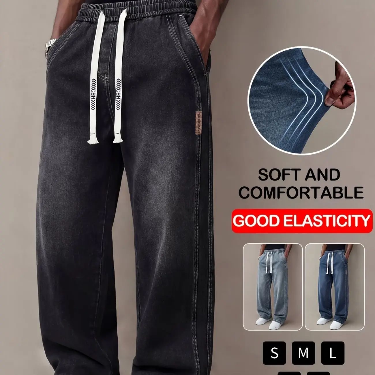 Men's Drawstring Elastic Waist Straight-Leg Jeans