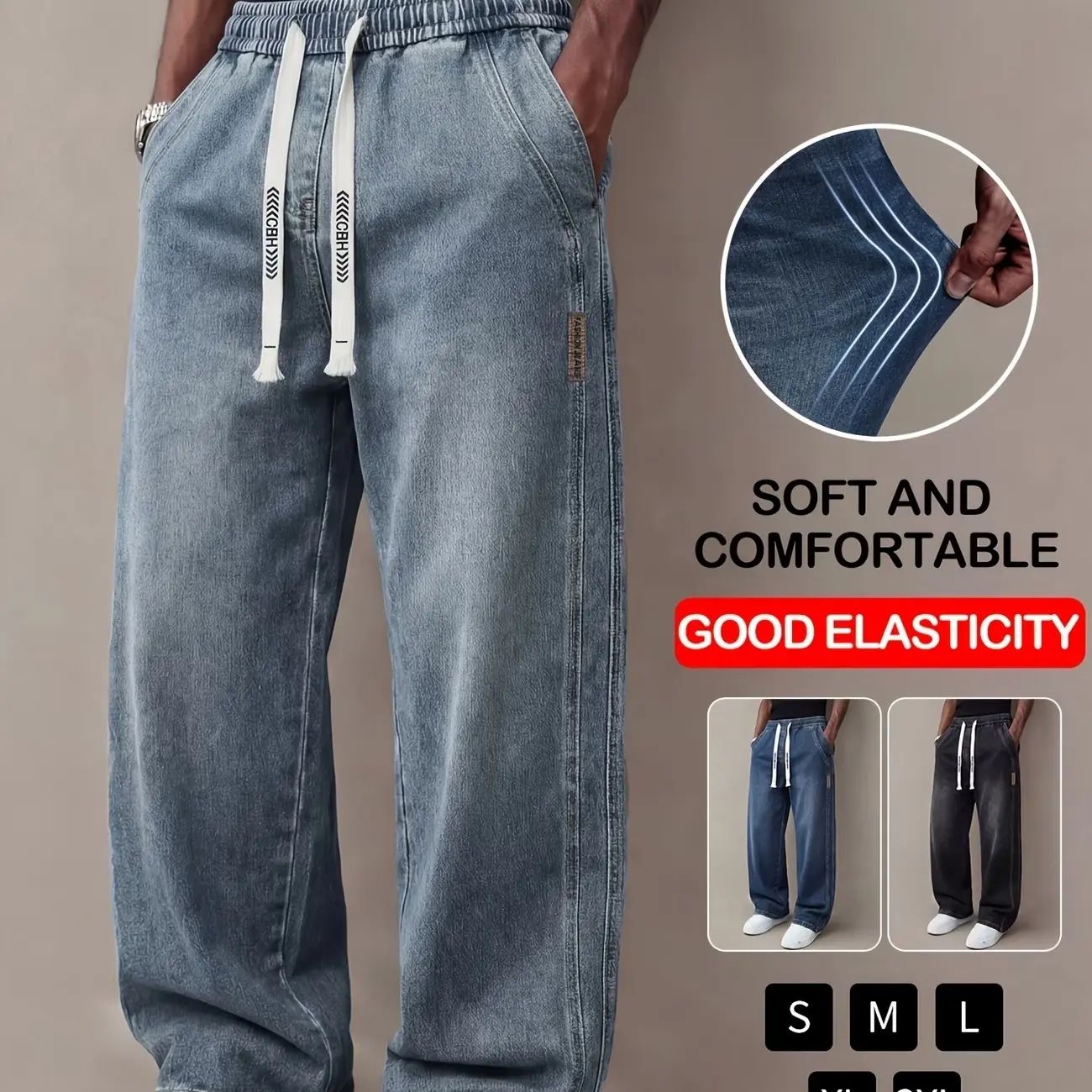 Men's Drawstring Elastic Waist Straight-Leg Jeans