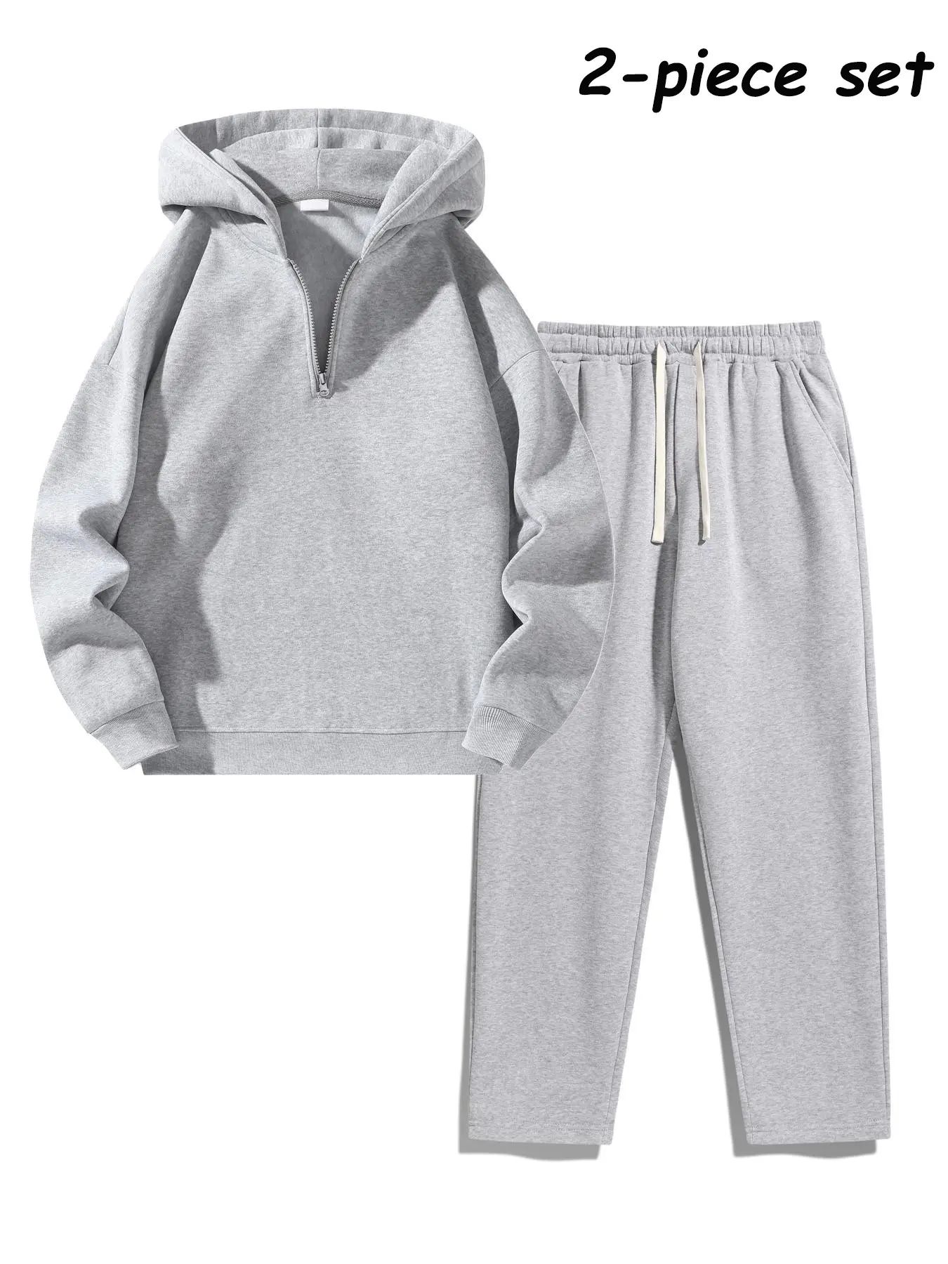 Men's Half-Zip Hoodie & Sweatpants Set – Plain Sporty Tracksuit with Drop Shoulder Design