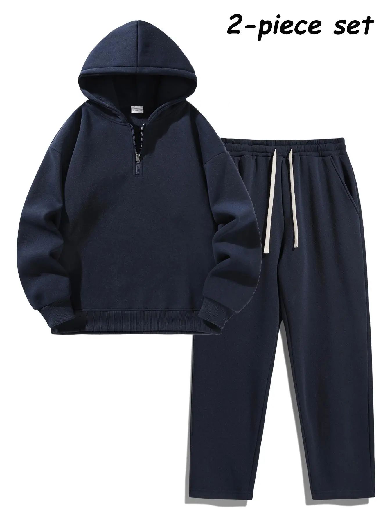Men's Half-Zip Hoodie & Sweatpants Set – Plain Sporty Tracksuit with Drop Shoulder Design