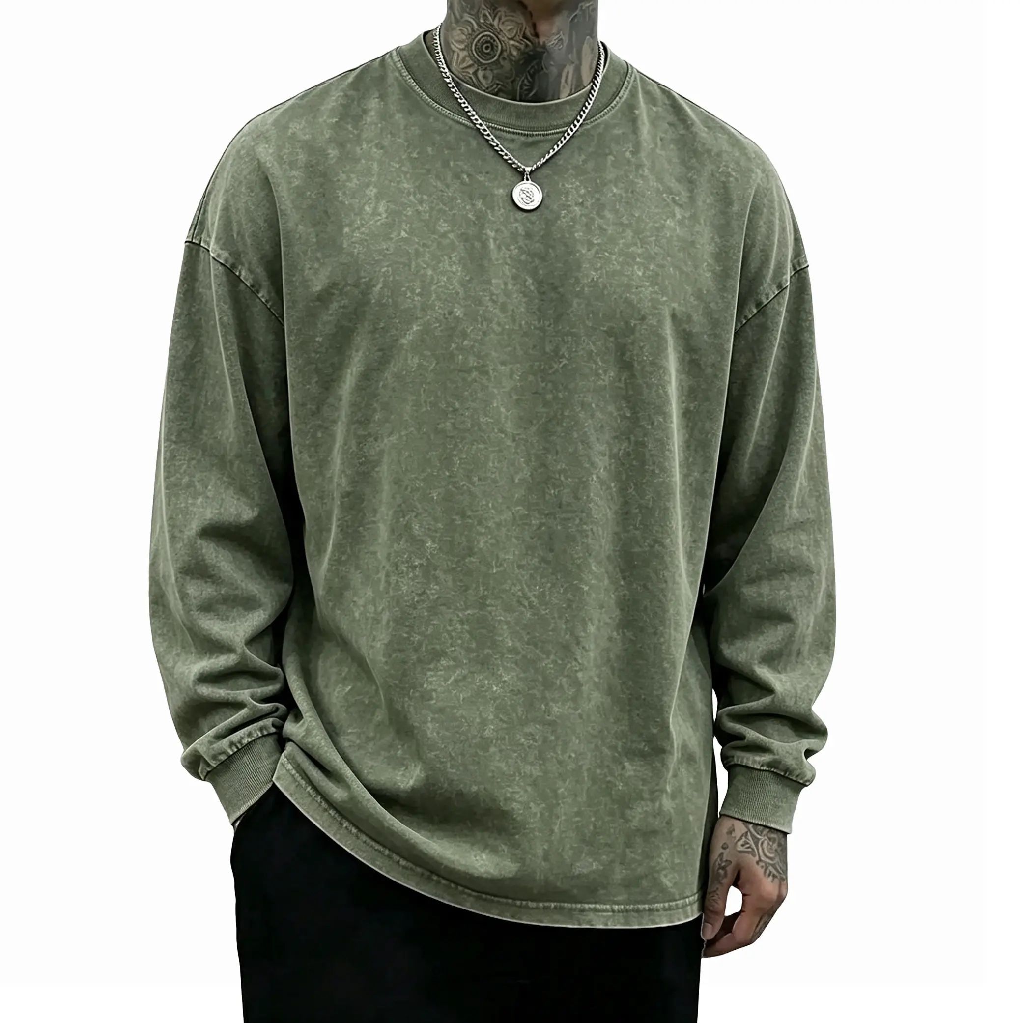 Men's Oversized Washed Distressed Cotton Long-Sleeve Crewneck T-Shirt