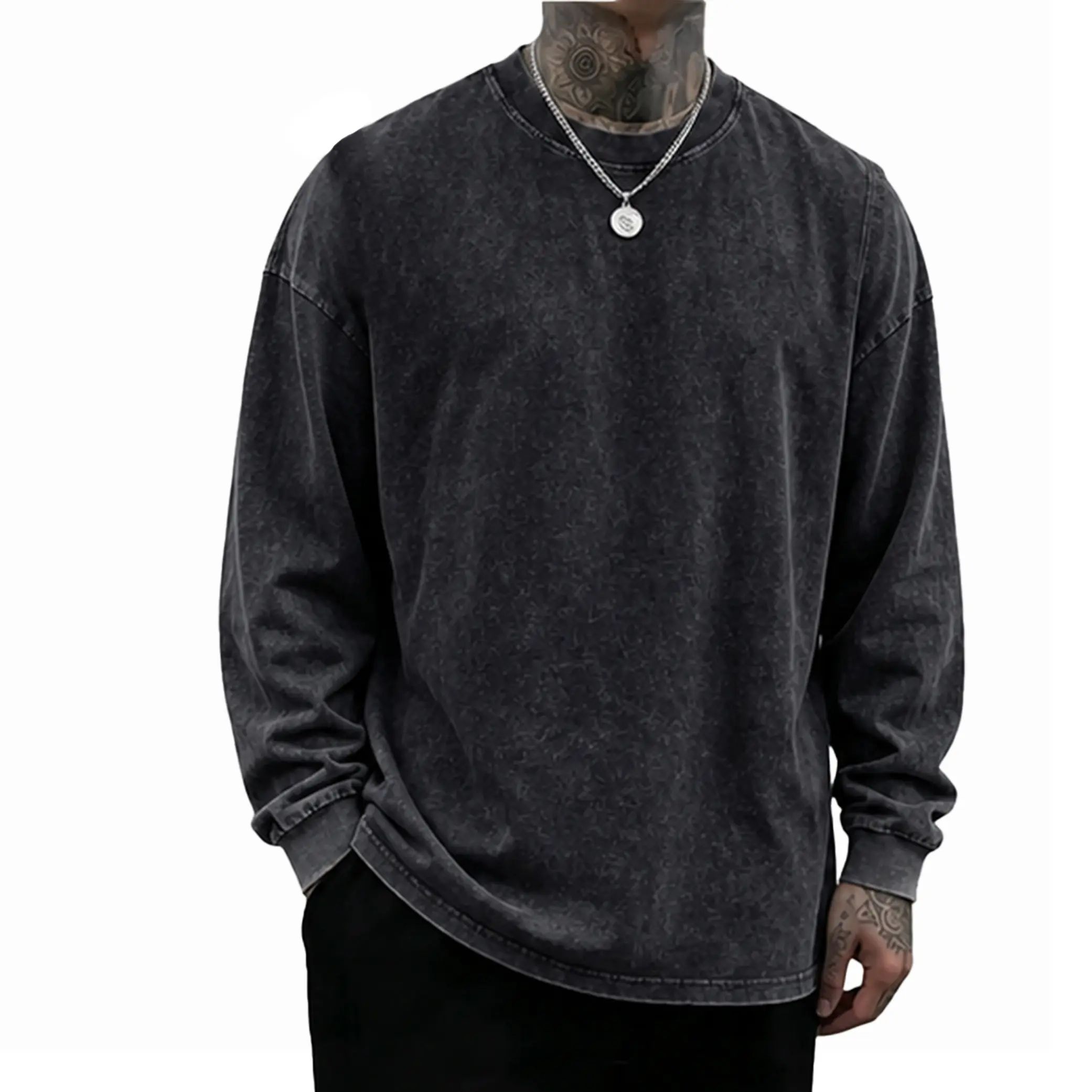 Men's Oversized Washed Distressed Cotton Long-Sleeve Crewneck T-Shirt
