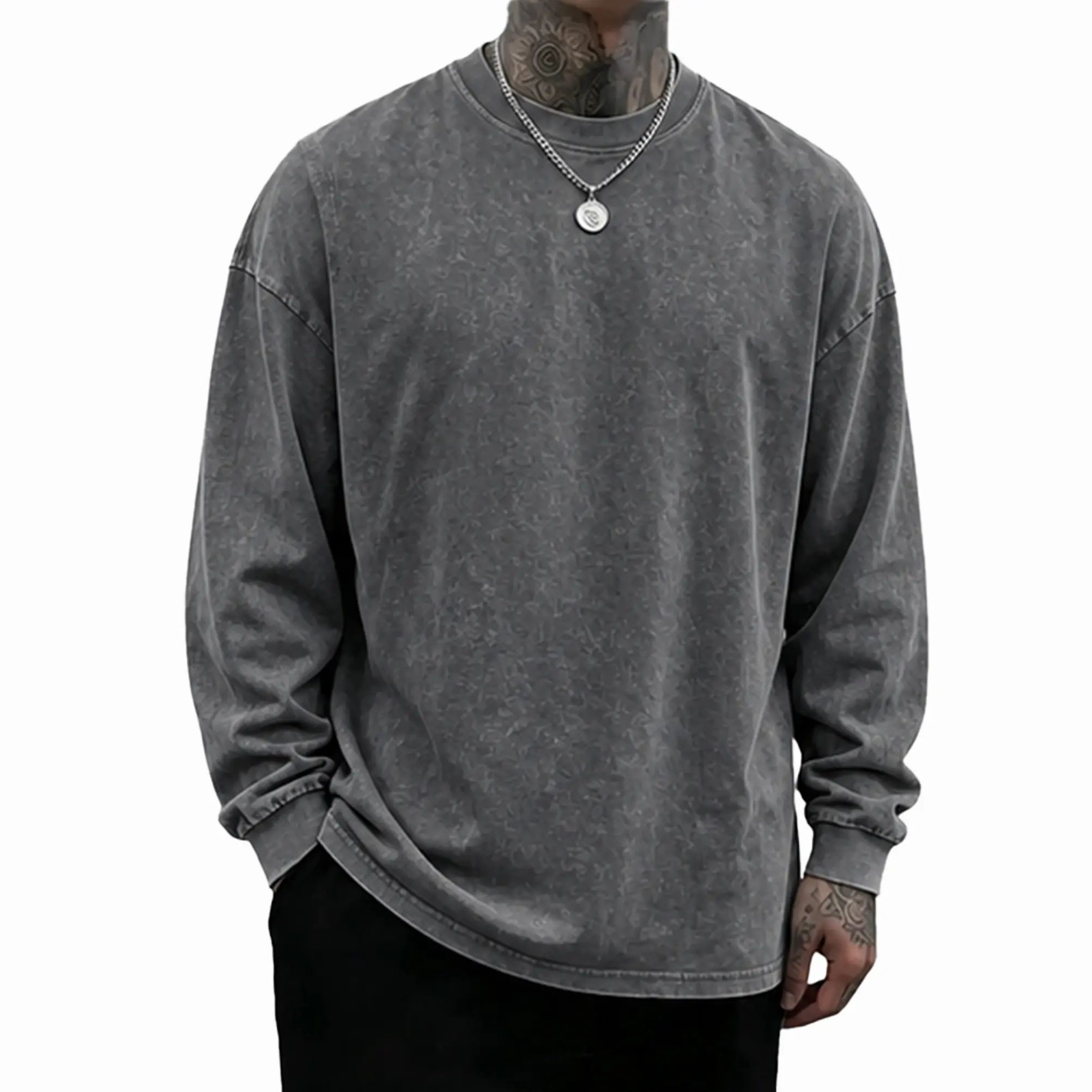 Men's Oversized Washed Distressed Cotton Long-Sleeve Crewneck T-Shirt