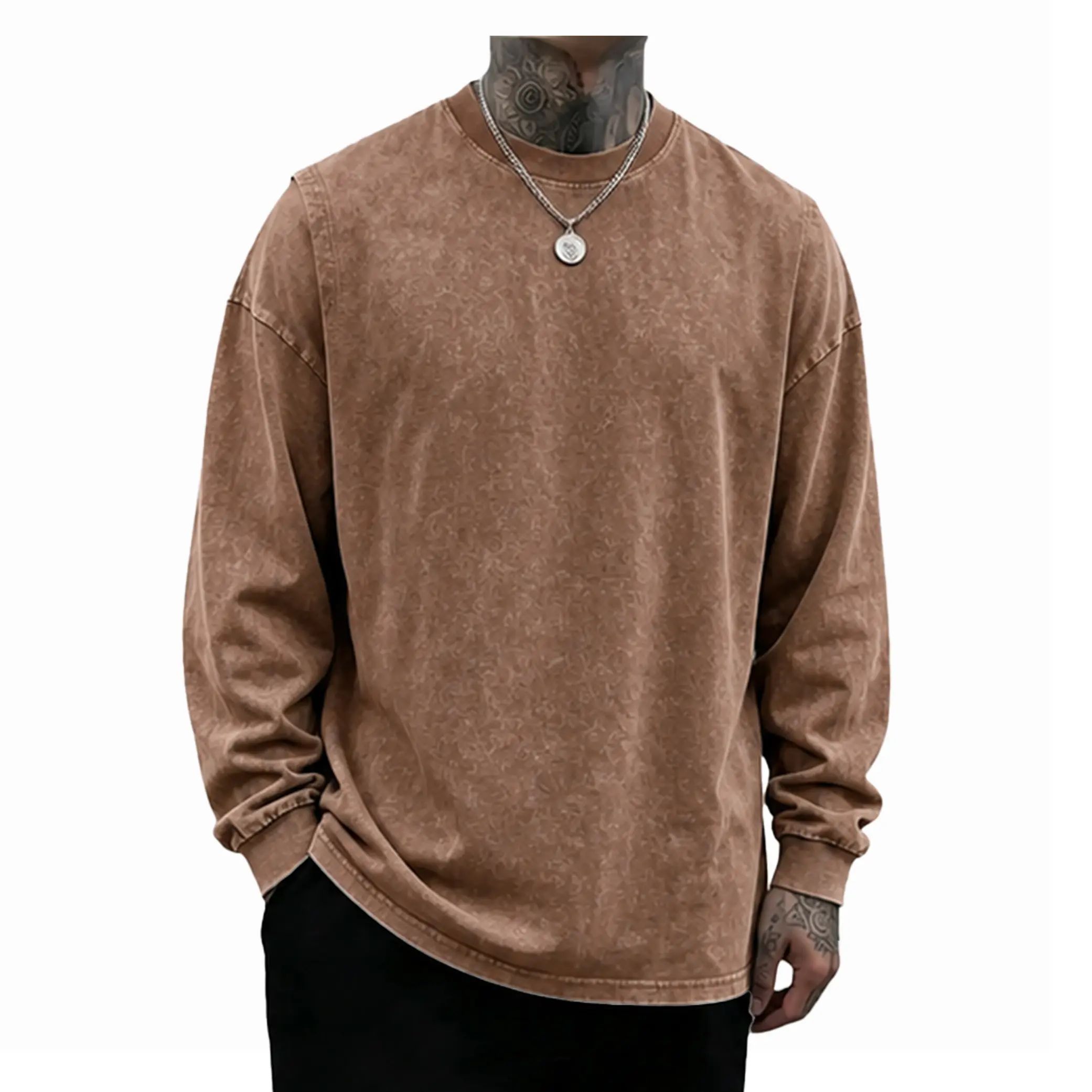 Men's Oversized Washed Distressed Cotton Long-Sleeve Crewneck T-Shirt