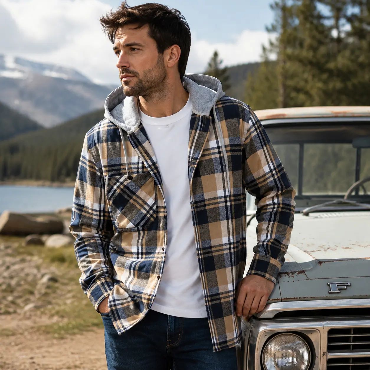 Men's Flannel Hooded Shirt-Jacket – Button Front Plaid Casual Outerwear