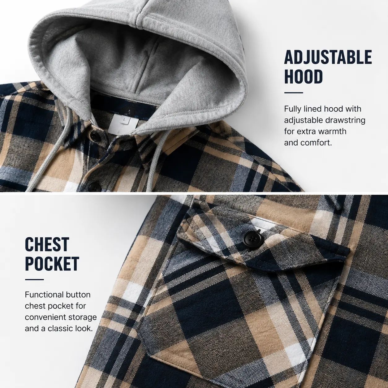 Men's Flannel Hooded Shirt-Jacket – Button Front Plaid Casual Outerwear