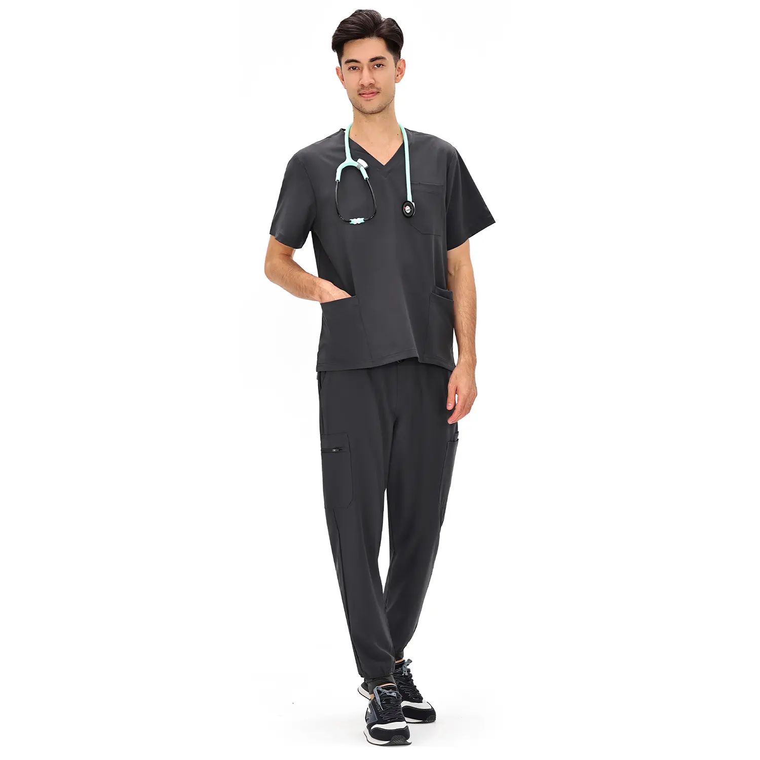 Men's Professional 4-Pocket V-Neck Scrub Top & 7-Pocket Jogger Pants Set