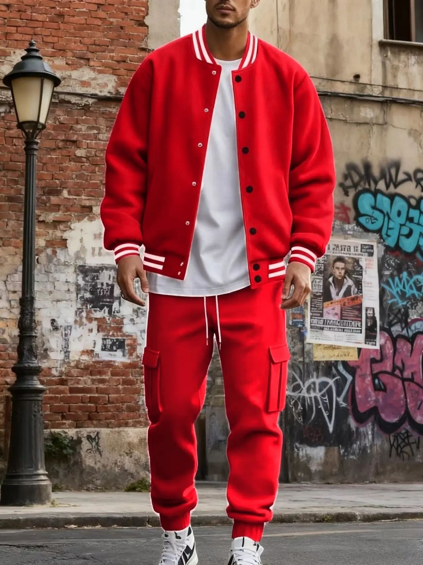Men's Baseball Jacket & Cargo Pants Set - Fleece Lined Windproof Streetwear Activewear