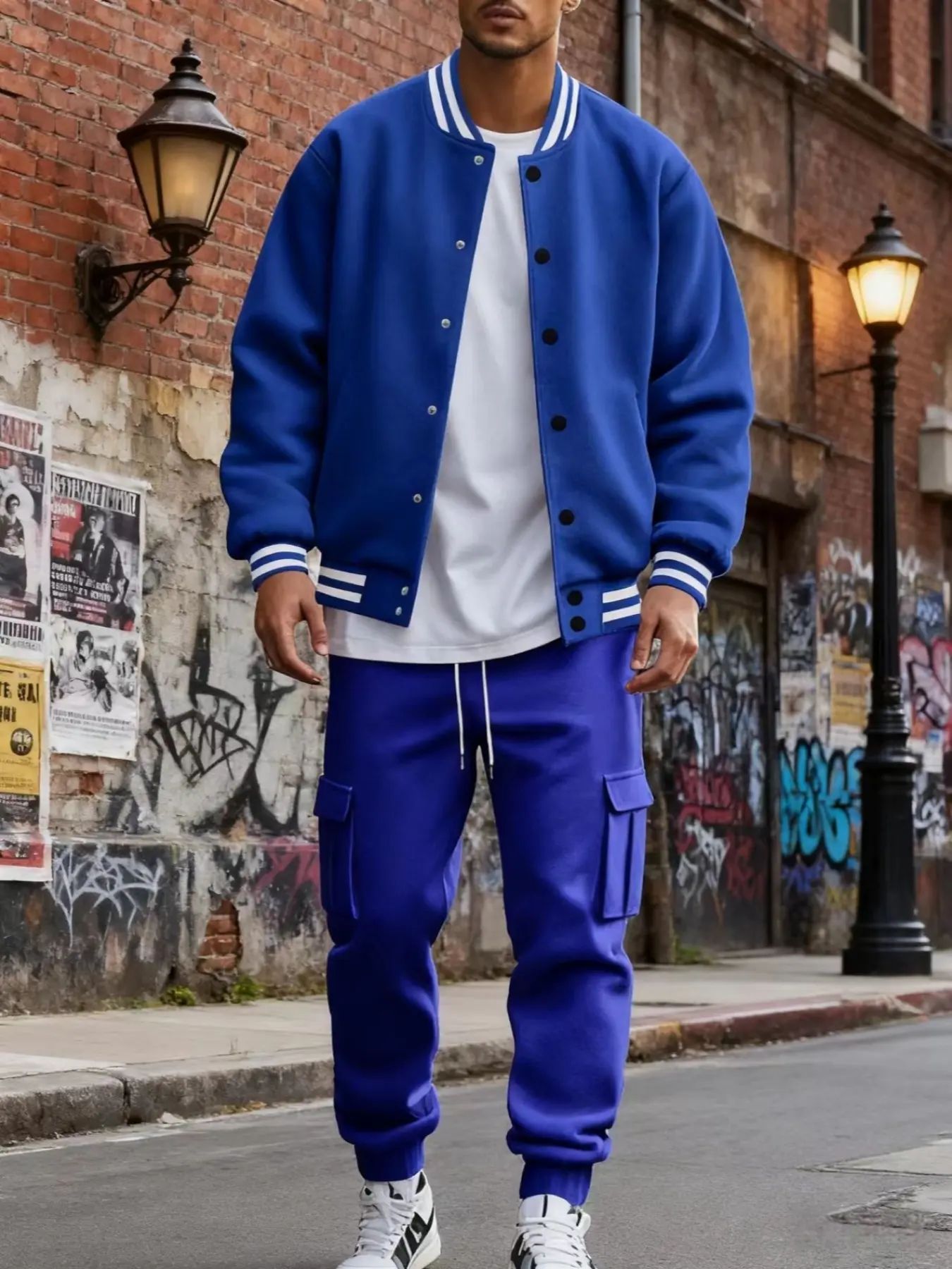 Men's Baseball Jacket & Cargo Pants Set - Fleece Lined Windproof Streetwear Activewear