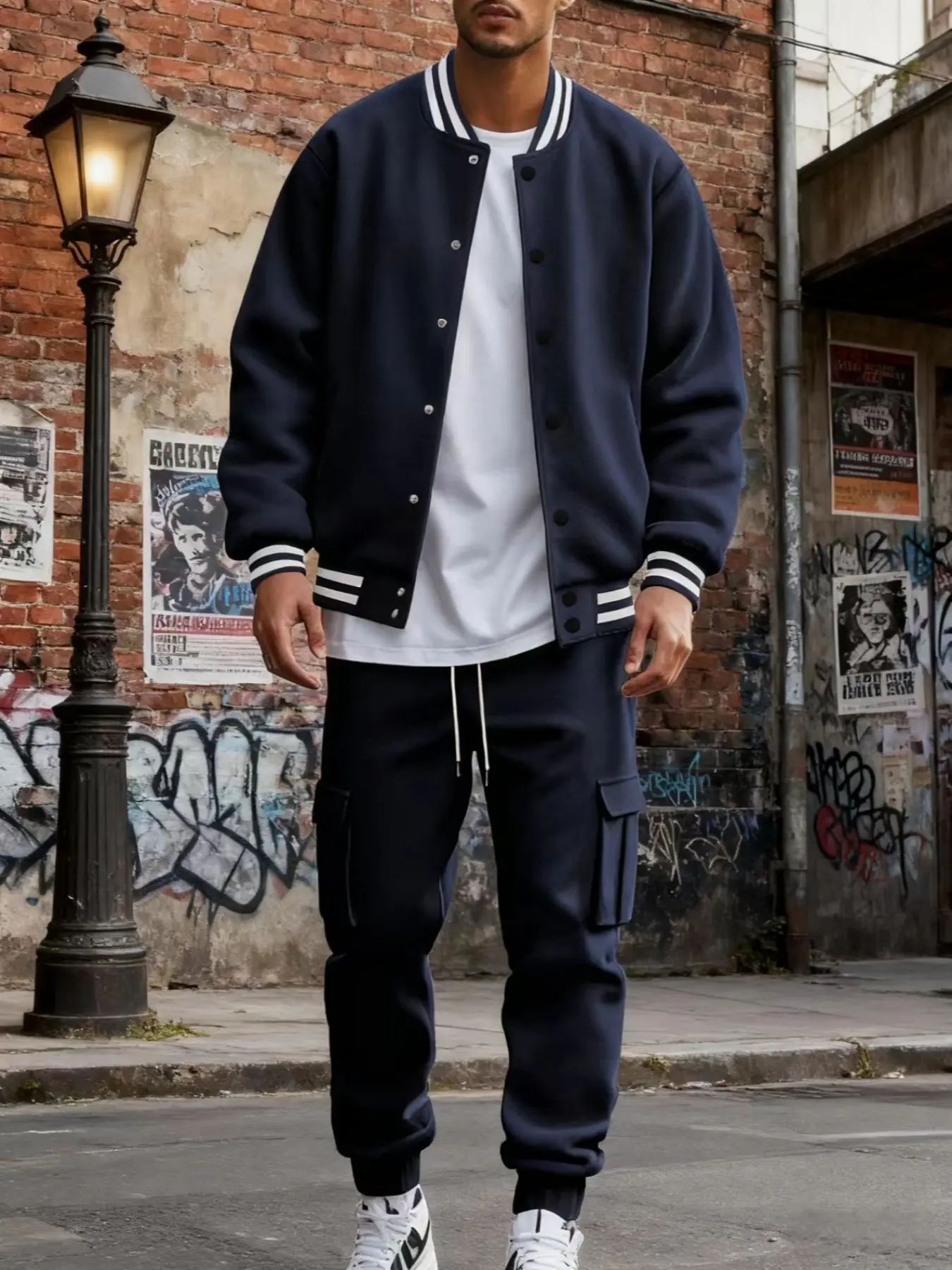 Men's Baseball Jacket & Cargo Pants Set - Fleece Lined Windproof Streetwear Activewear