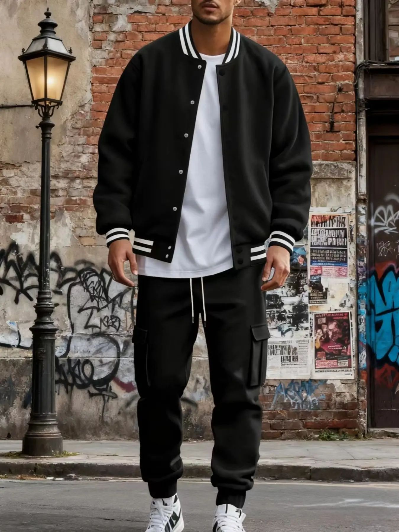 Men's Baseball Jacket & Cargo Pants Set - Fleece Lined Windproof Streetwear Activewear