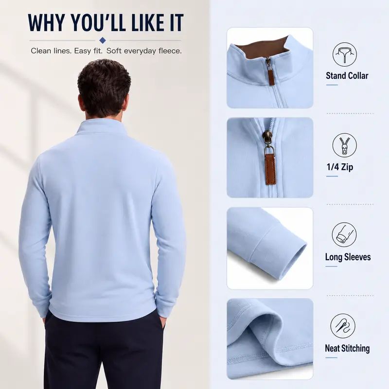 Men's Quarter Zip Mock Neck Pullover – Old Money Style Fleece Sweatshirt with Ribbed Hem