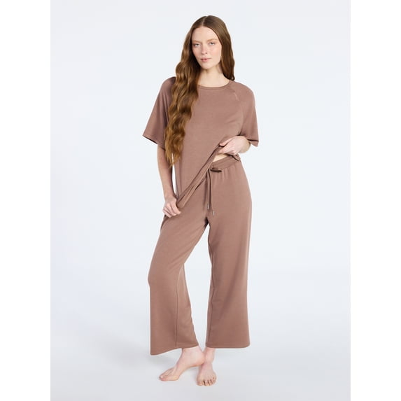 Women's Ultra-Soft French Terry 2-Piece Lounge Set - Raglan Short Sleeve Top & Capri Pants