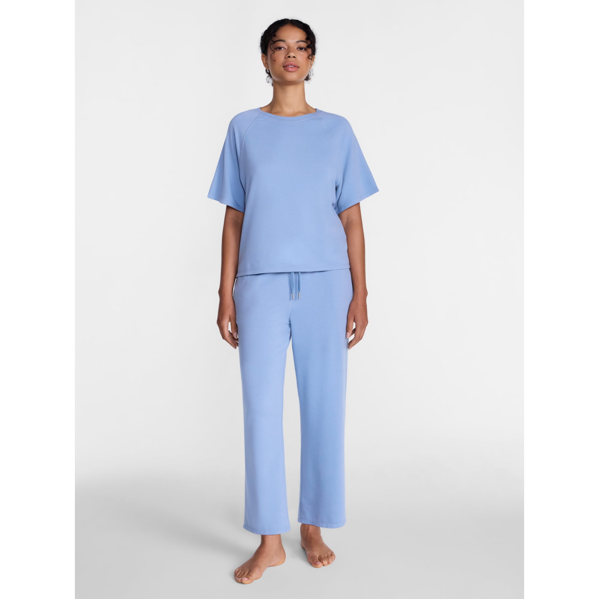 Women's Ultra-Soft French Terry 2-Piece Lounge Set - Raglan Short Sleeve Top & Capri Pants