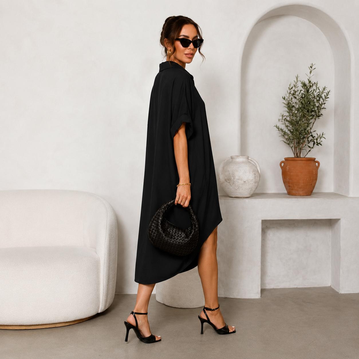 Elengatine Women Sexy Black Shirt Dress, Classic Turn-Down Collar Button Up Dress, Short Sleeve Midi Dress with Curved Split Hem, Chic Baddie Aesthetic Streetwear, Casual Loose Flowy A-Line Summer Sundress Elegant Polyester