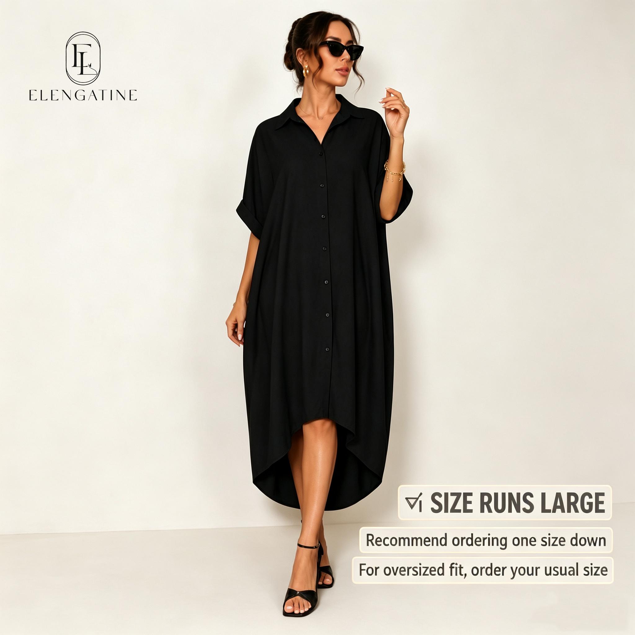 Elengatine Women Sexy Black Shirt Dress, Classic Turn-Down Collar Button Up Dress, Short Sleeve Midi Dress with Curved Split Hem, Chic Baddie Aesthetic Streetwear, Casual Loose Flowy A-Line Summer Sundress Elegant Polyester