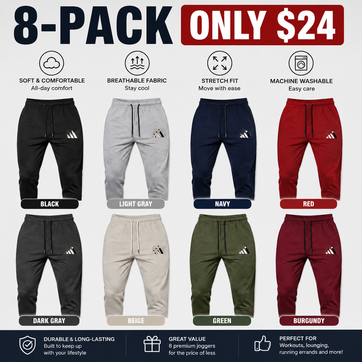 Men Sweatpants 4 Pack, Elastic Drawstring Joggers