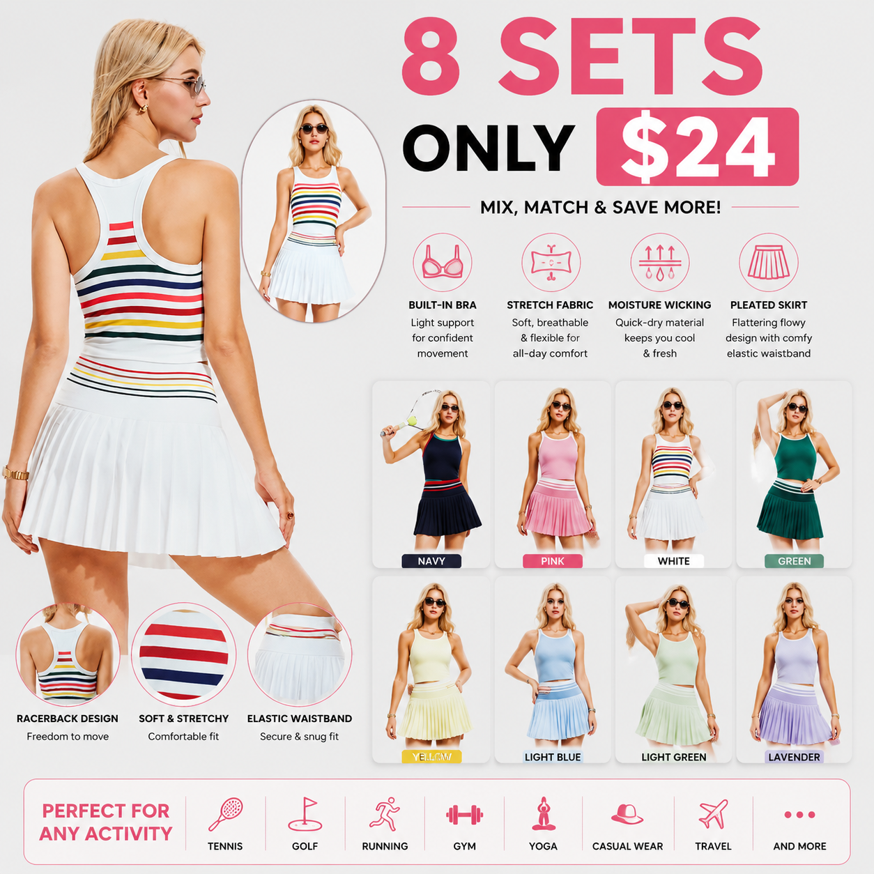 Two Piece Tennis Skirt Set Golf Outfits for Women