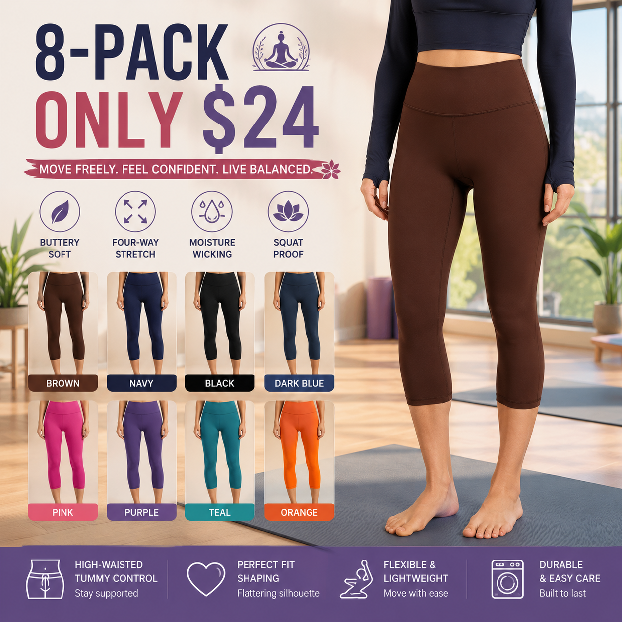 Colorfulkoala Women’s Dreamlux No Front Seam Yoga Capri