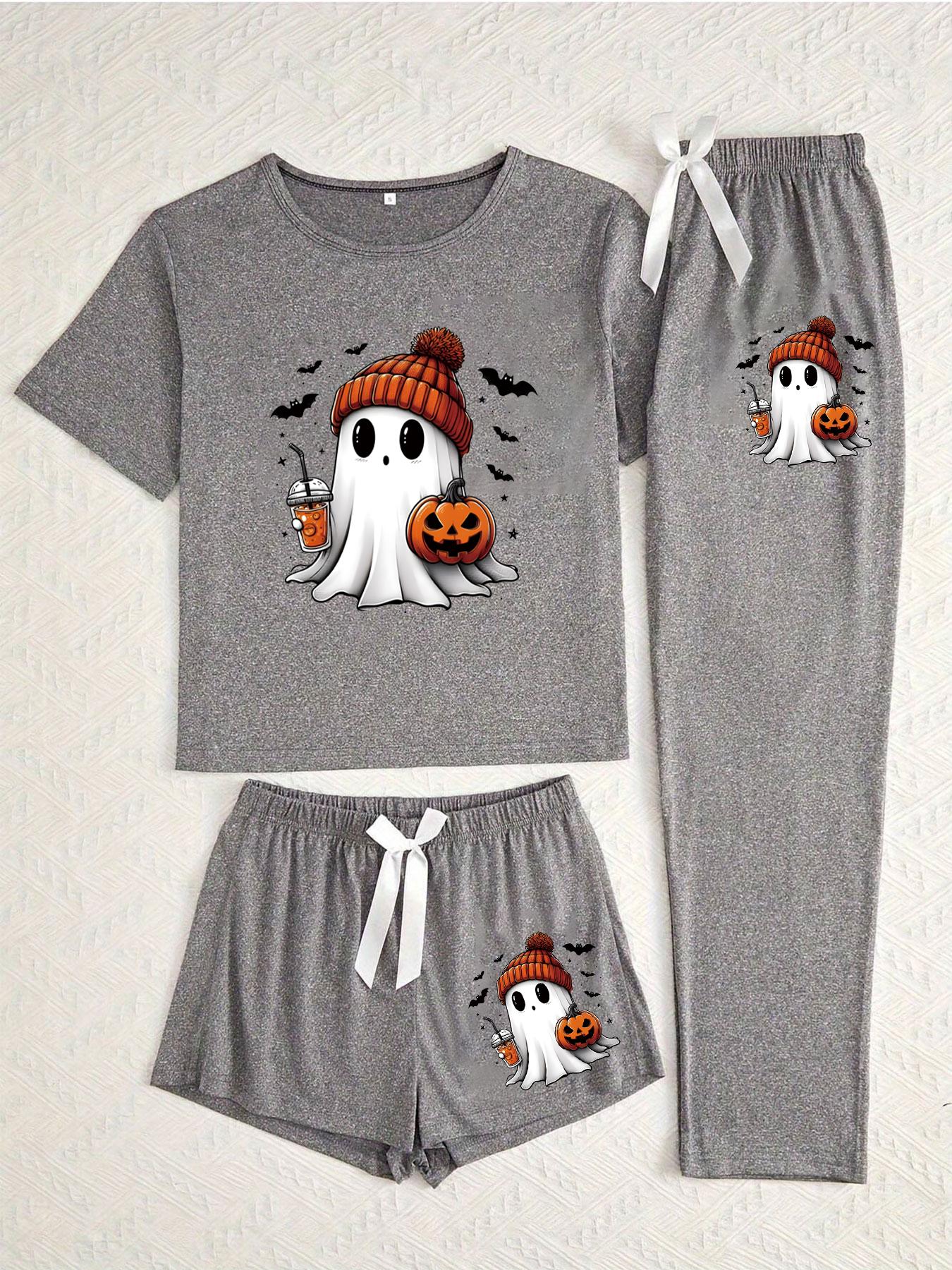 Halloween Ghost Pumpkin Print Pajama Set for Women, Casual Fitted Sleepwear, All-Season Comfortable Nightwear Pjs, Matching Loungewear Set Halloween Ghost Pumpkin Print Pajama Set for Women, Casual Fitted Sleepwear, All-Season Comfortable Nightwear Pjs, Matching Loungewear Set