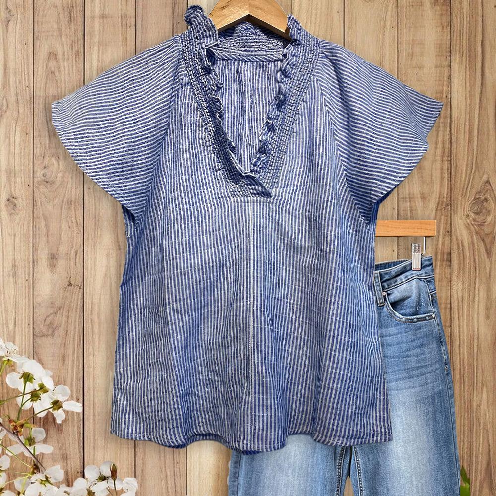 Sage Vell Blue White Striped Ruffle Neck Blouse Breathable Summer Style, Effortless Casual Chic Top, Fresh Womenswear For moms Teachers Students Sage Vell Blue White Striped Ruffle Neck Blouse Breathable Summer Style, Effortless Casual Chic Top, Fresh Womenswear For moms Teachers Students