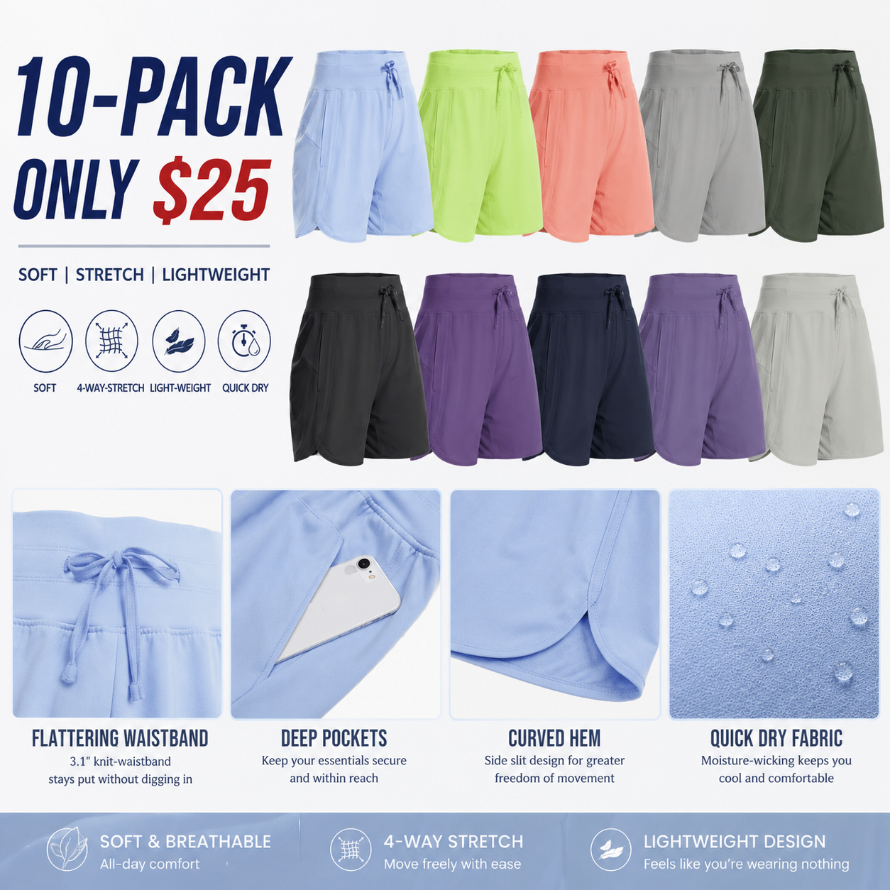 🔥LAST DAY SALE 90% OFF💕🔥Women’s High-Waist Quick-Dry Athletic Shorts (3"/5"/7" Inseam Options)