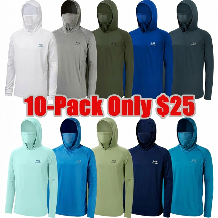 ☀️☀️UPF 50+ Men’s Long Sleeve Fishing Shirt with Mask UV Neck Gaiter Hoodie