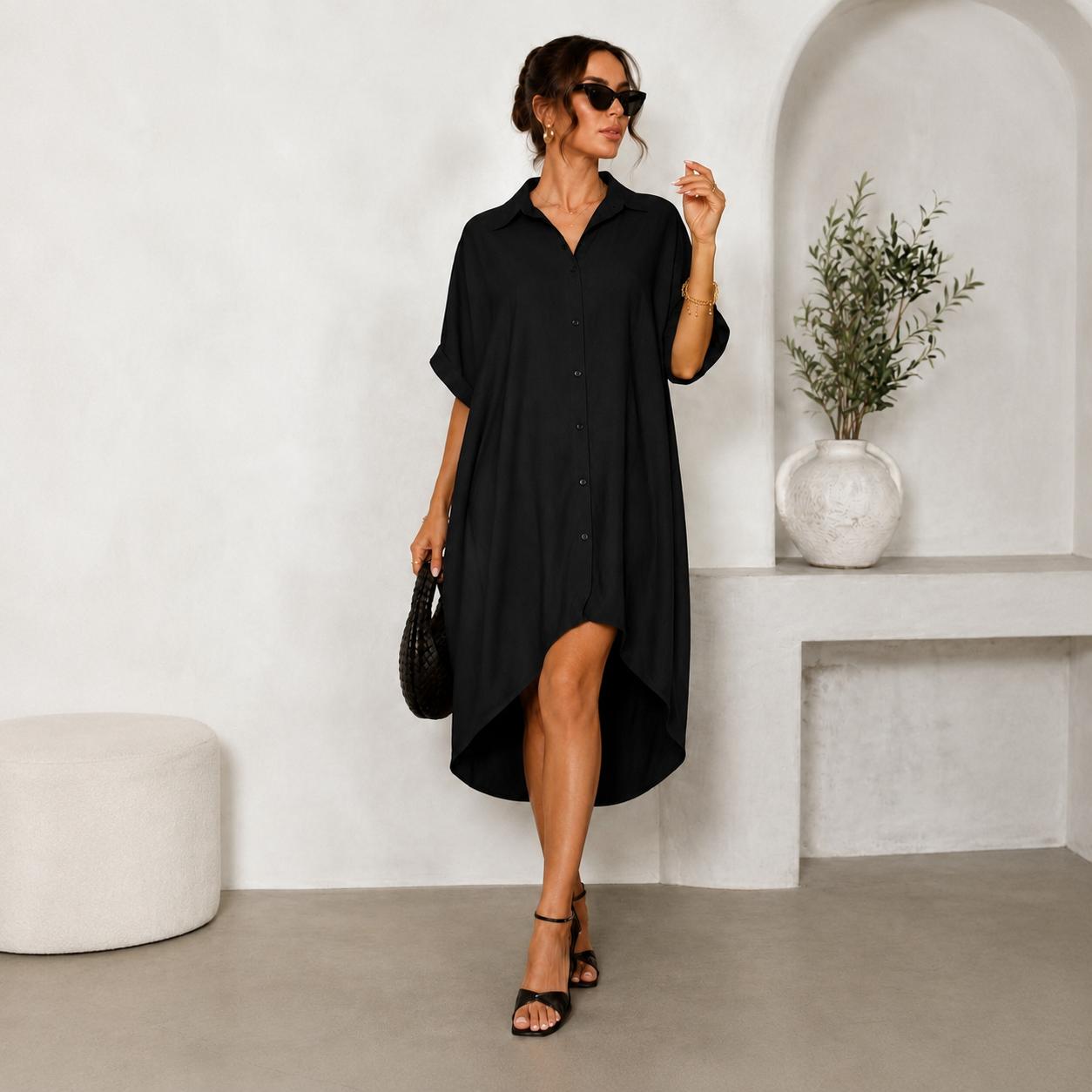 Elengatine Women Sexy Black Shirt Dress, Classic Turn-Down Collar Button Up Dress, Short Sleeve Midi Dress with Curved Split Hem, Chic Baddie Aesthetic Streetwear, Casual Loose Flowy A-Line Summer Sundress Elegant Polyester