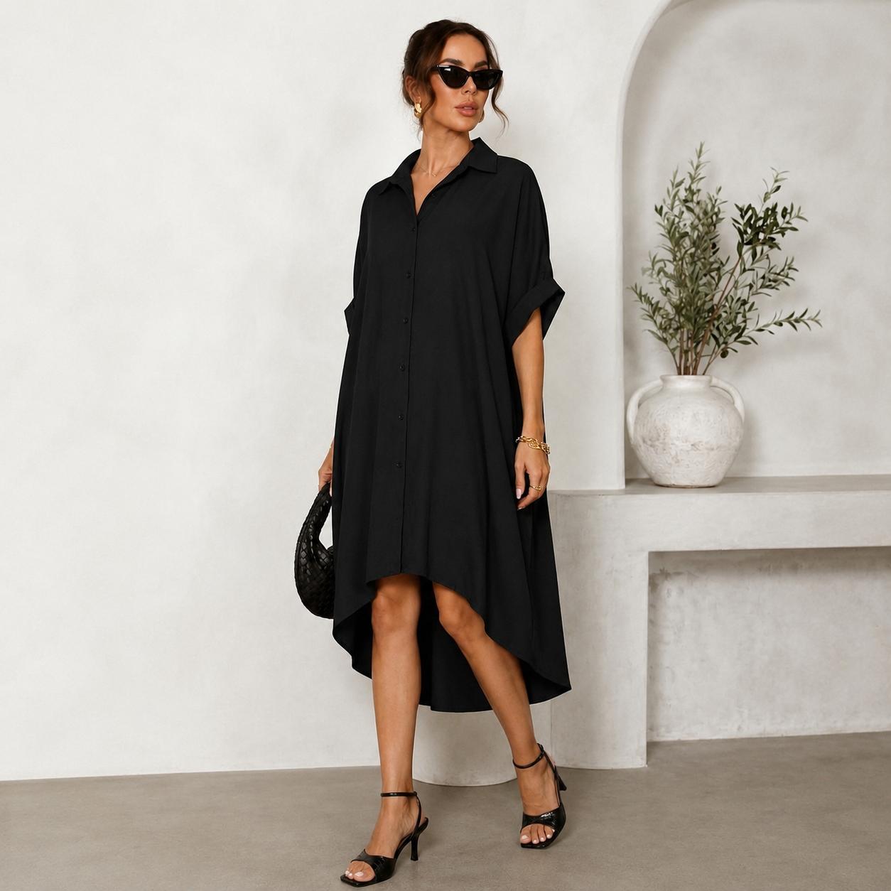 Elengatine Women Sexy Black Shirt Dress, Classic Turn-Down Collar Button Up Dress, Short Sleeve Midi Dress with Curved Split Hem, Chic Baddie Aesthetic Streetwear, Casual Loose Flowy A-Line Summer Sundress Elegant Polyester