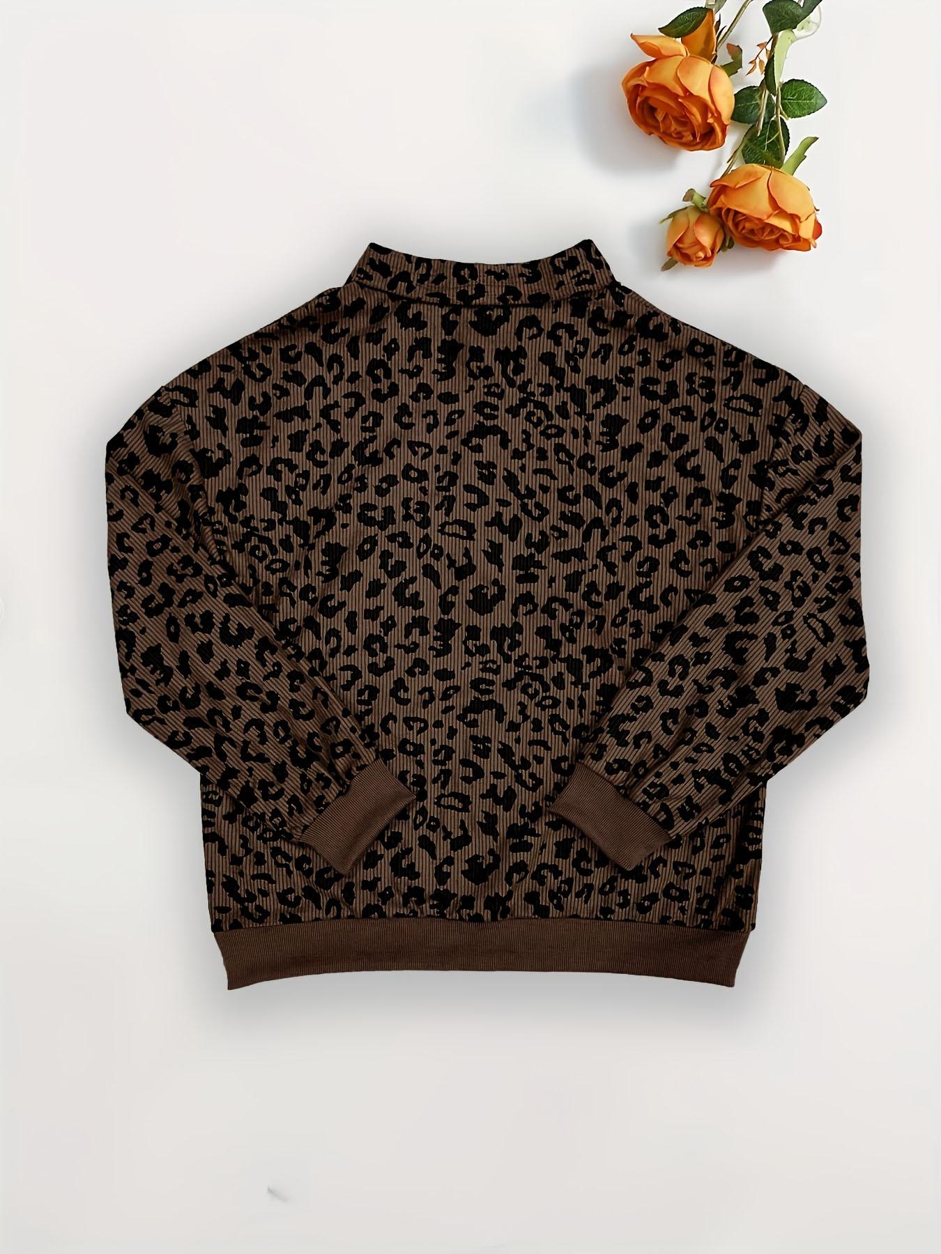Women's Leopard Print Half Zip Pullover Oversized Drop Shoulder Long Sleeve Top Contrast Cuff & Hem Loose Relaxed Fit Casual Streetwear Trendy Animal Pattern Sweatshirt