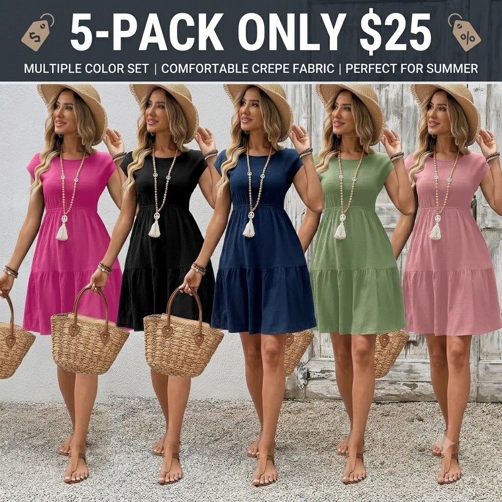 Women's Round Neck Cap Sleeve Textured Tiered Midi Dress - Casual High Waisted Sundress with Pockets