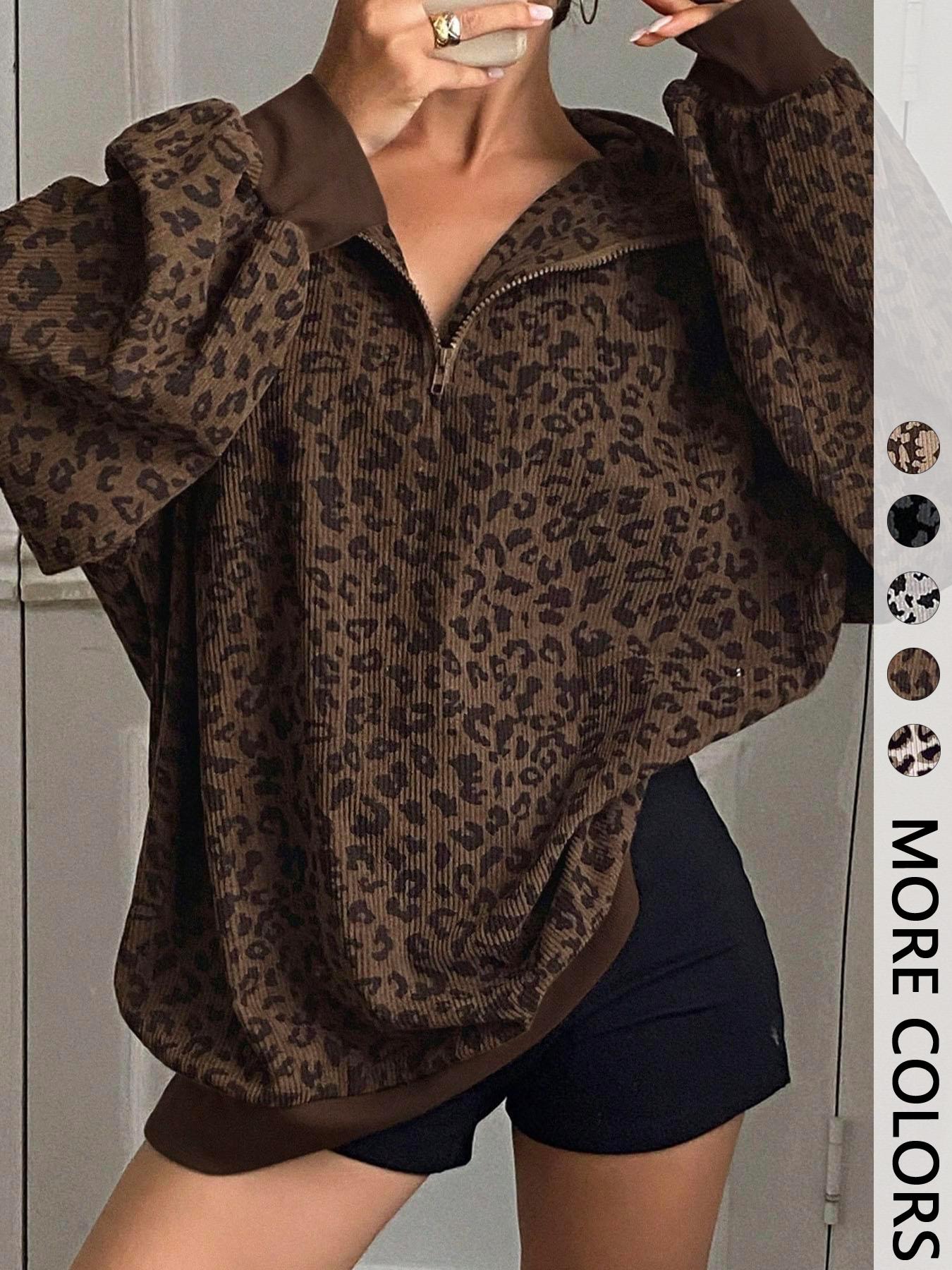 Women's Leopard Print Half Zip Pullover Oversized Drop Shoulder Long Sleeve Top Contrast Cuff & Hem Loose Relaxed Fit Casual Streetwear Trendy Animal Pattern Sweatshirt