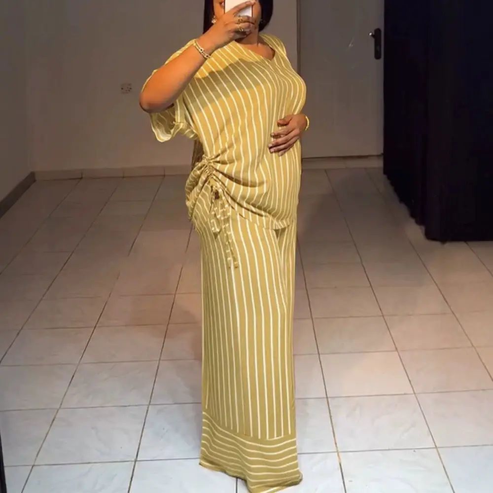 BreezeStyle Striped V-Neck Drawstring Wide-Leg Set