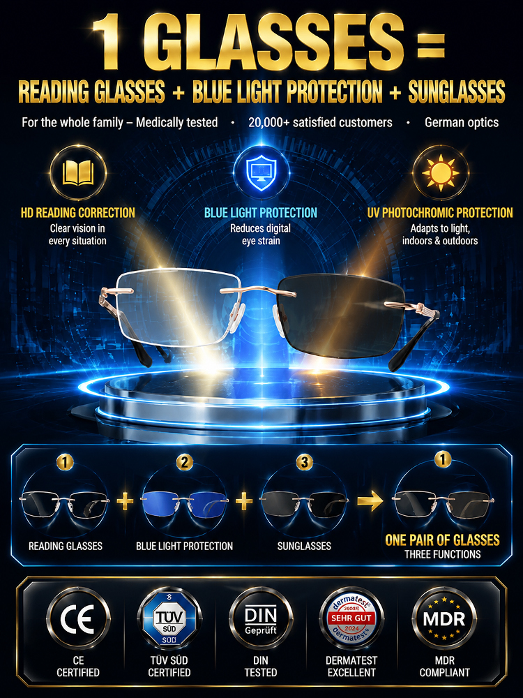 Titanium Frameless Photochromic Blue Light Filter Presbyopic Glasses