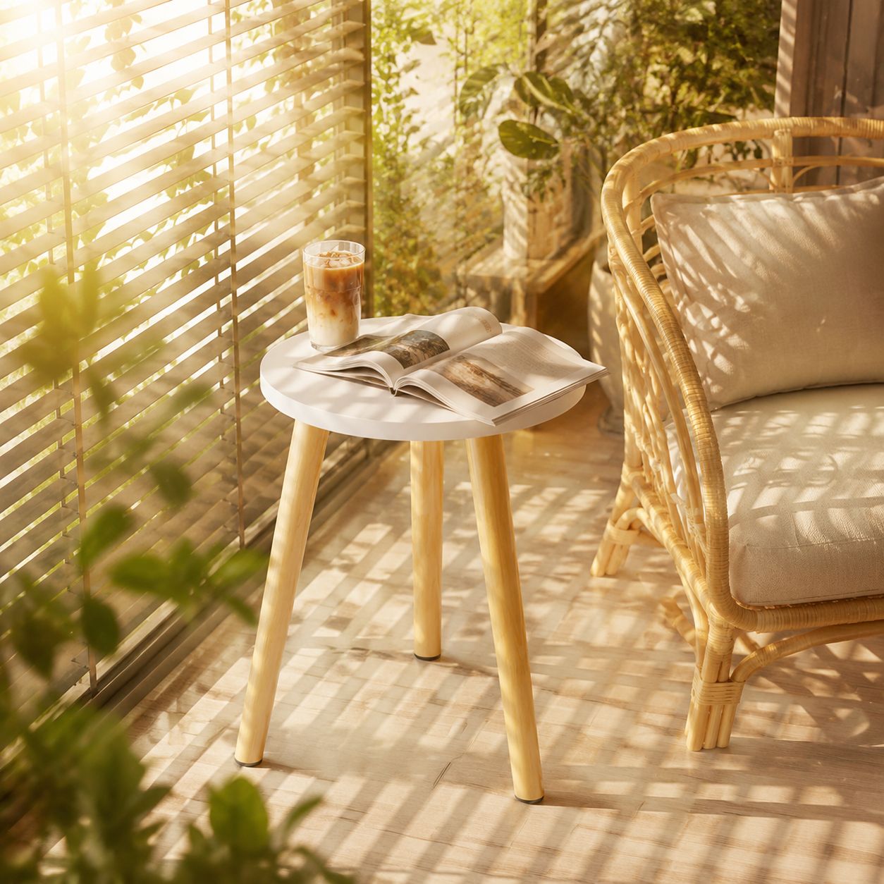 Side table next to sofa with decorative items