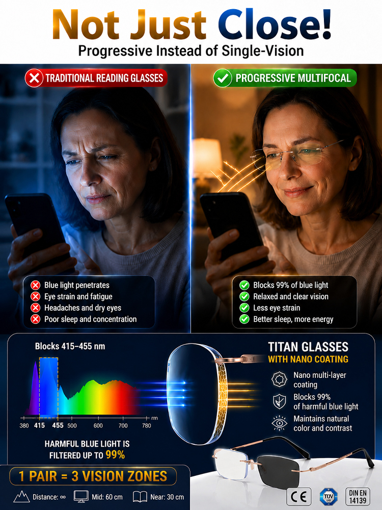 Titanium Frameless Photochromic Blue Light Filter Presbyopic Glasses