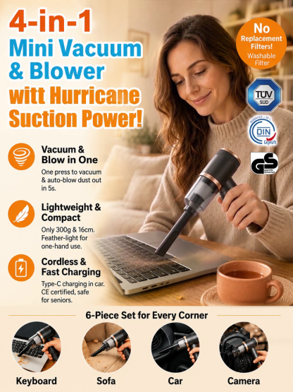 [Powerful Suction, Four-in-One] Portable Cordless Vacuum Cleaner