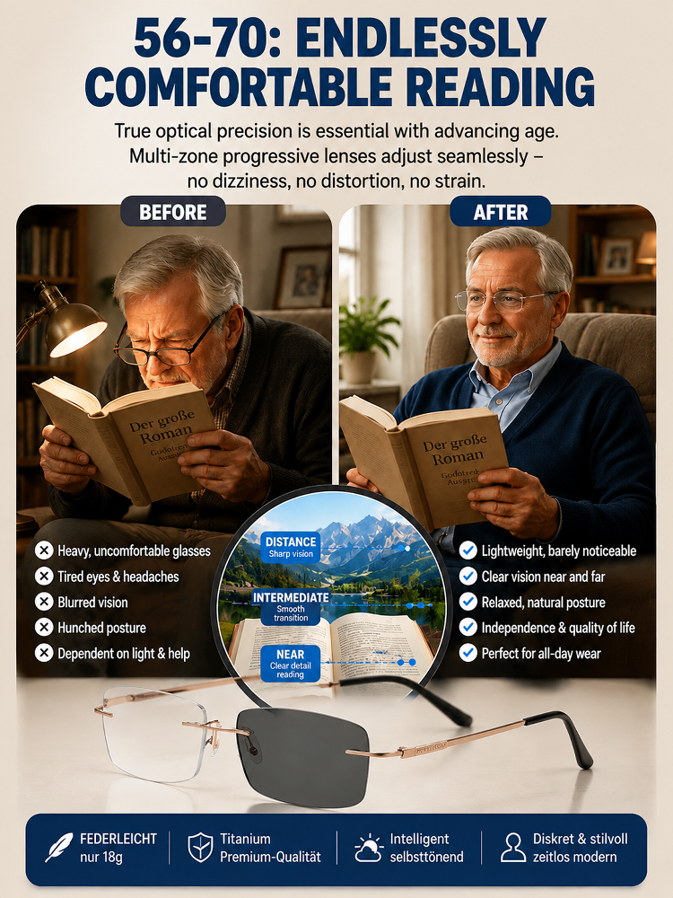 Titanium Frameless Photochromic Blue Light Filter Presbyopic Glasses