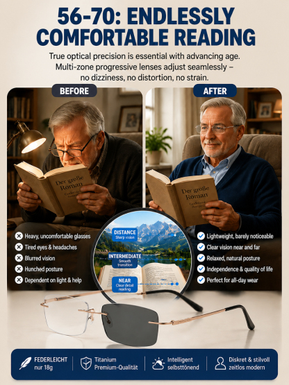 Titanium Frameless Photochromic Blue Light Filter Presbyopic Glasses