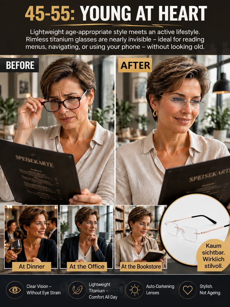 Titanium Frameless Photochromic Blue Light Filter Presbyopic Glasses
