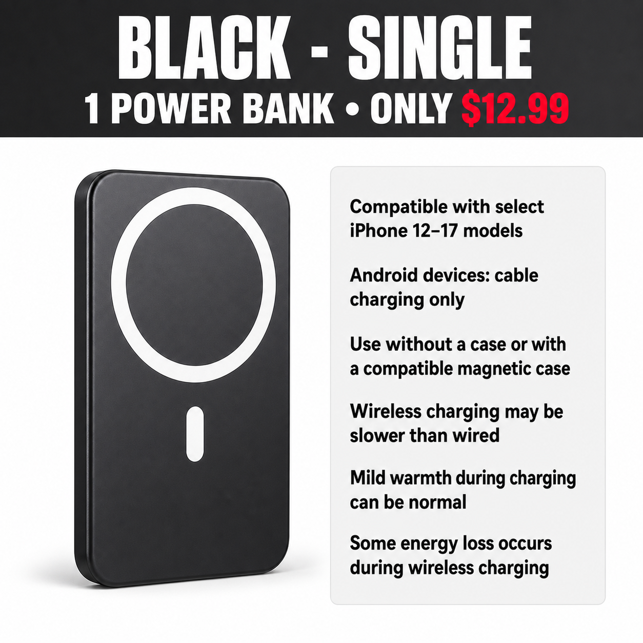 Black Single Magnetic Wireless Power Bank - $12.99