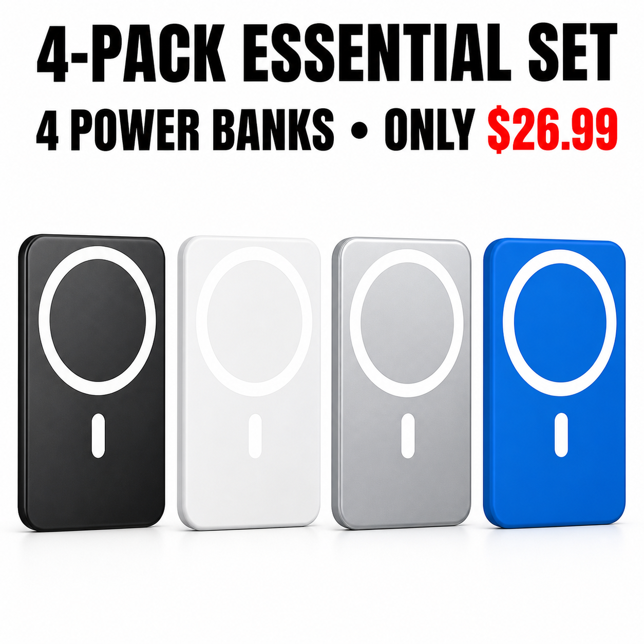 4-Pack Essential Set - Black White Silver and Blue Power Banks - Only $26.99