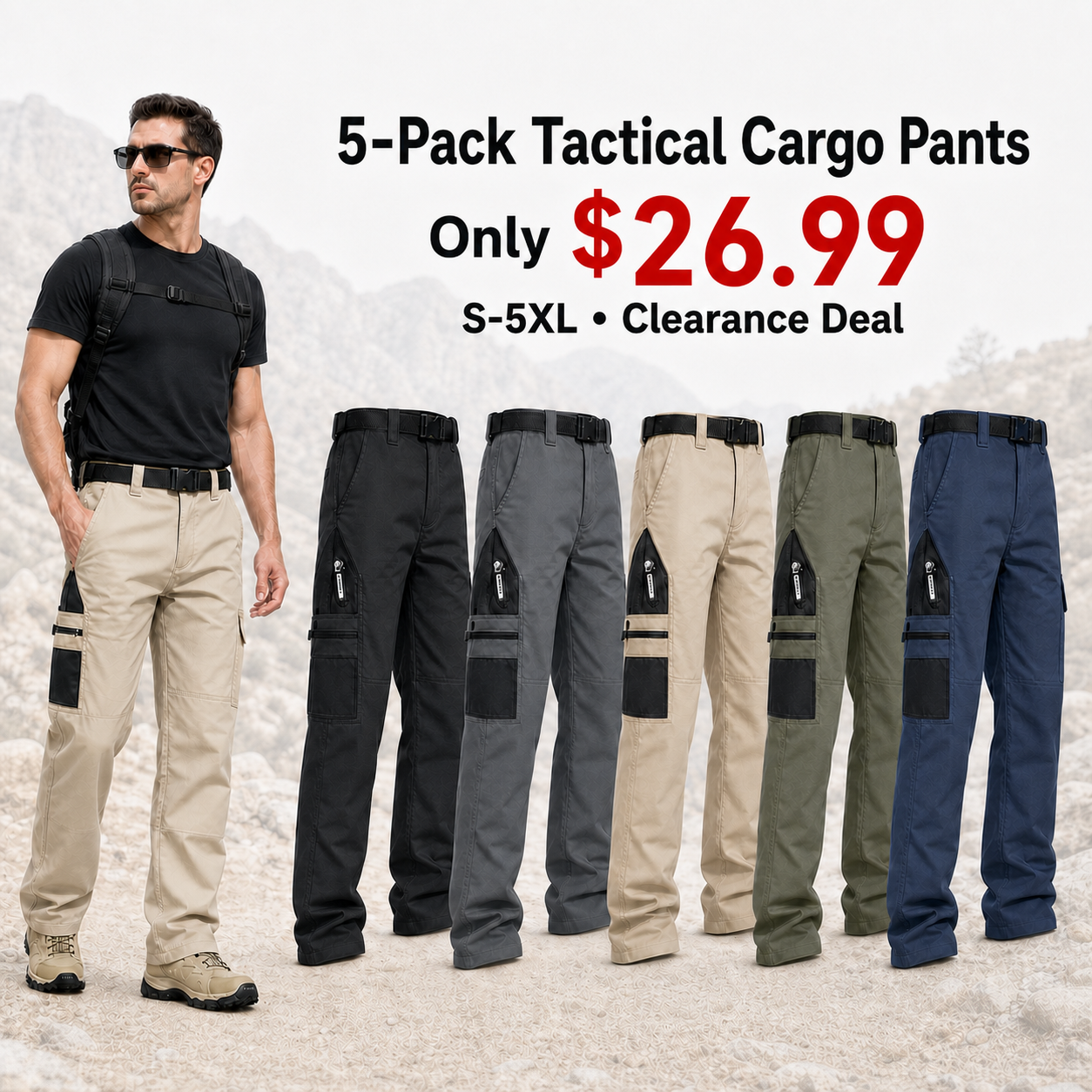 Men's tactical cargo pants 5-Pack promotional main image v2 outdoor