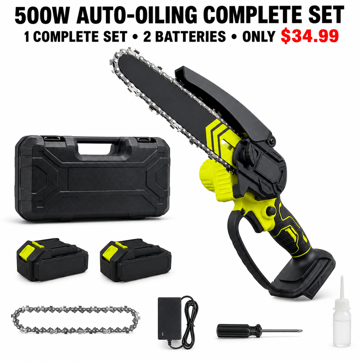 500W Auto-Oiling Complete Set - 1 Chainsaw and 2 Batteries - Only $34.99