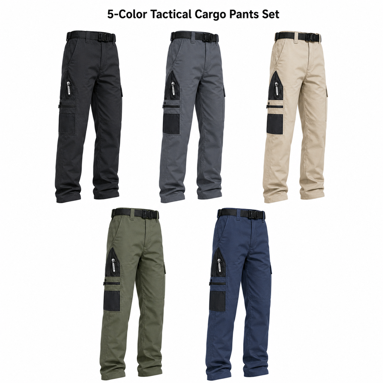 5-Color Tactical Cargo Pants Set showing exactly five colors