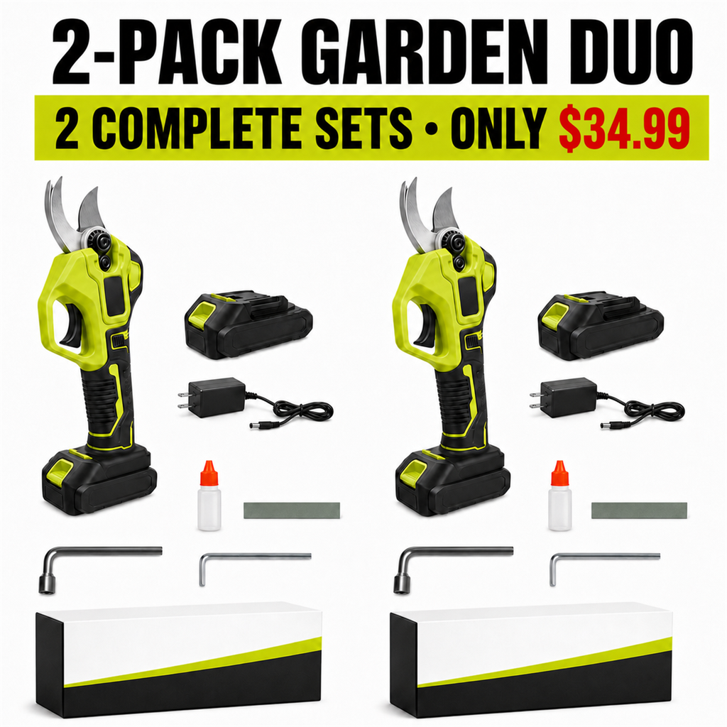 2-Pack Garden Duo - 2 Complete Dual-Battery Pruning Shear Sets - Only $34.99