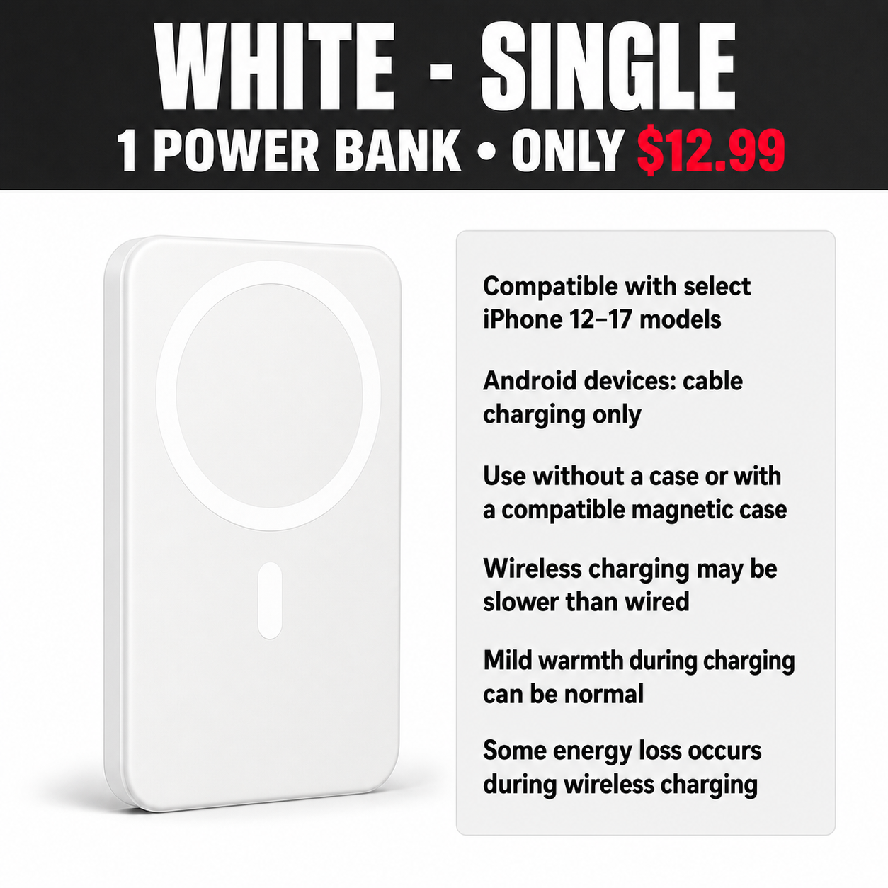 White Single Magnetic Wireless Power Bank - $12.99