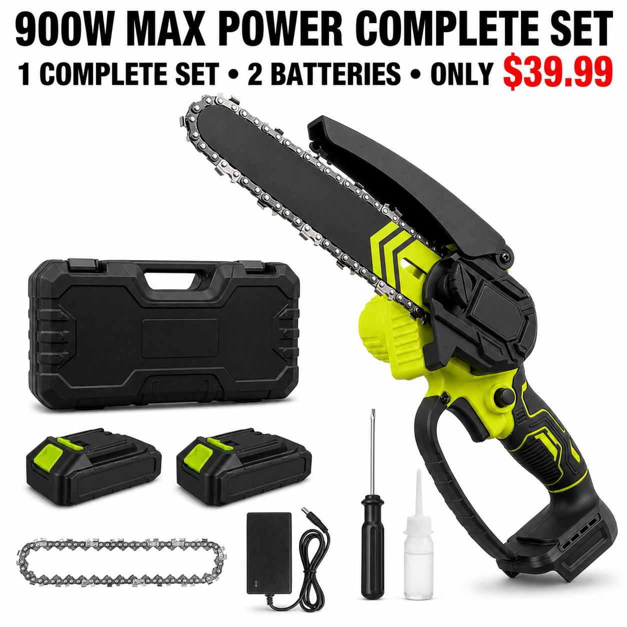 900W Max Power Complete Set - 1 Chainsaw and 2 Batteries - Only $39.99